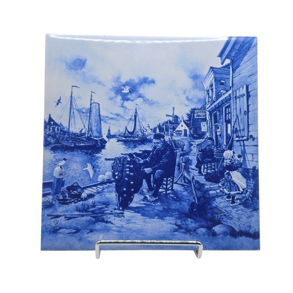 Ter Steege Holland Vintage Delft Blue Hand Decorated Ceramic Harbor Scene Tile